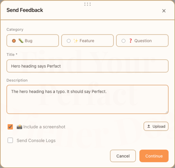 The real BugDrop feedback form reporting a typo in a sample site's heading.